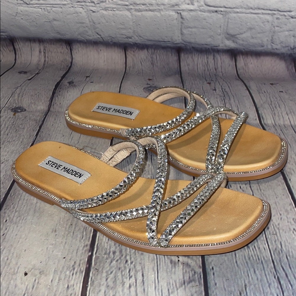 Steve Madden Silver Crystal-Strap Slide Sandals - Women Sz6 NWOT